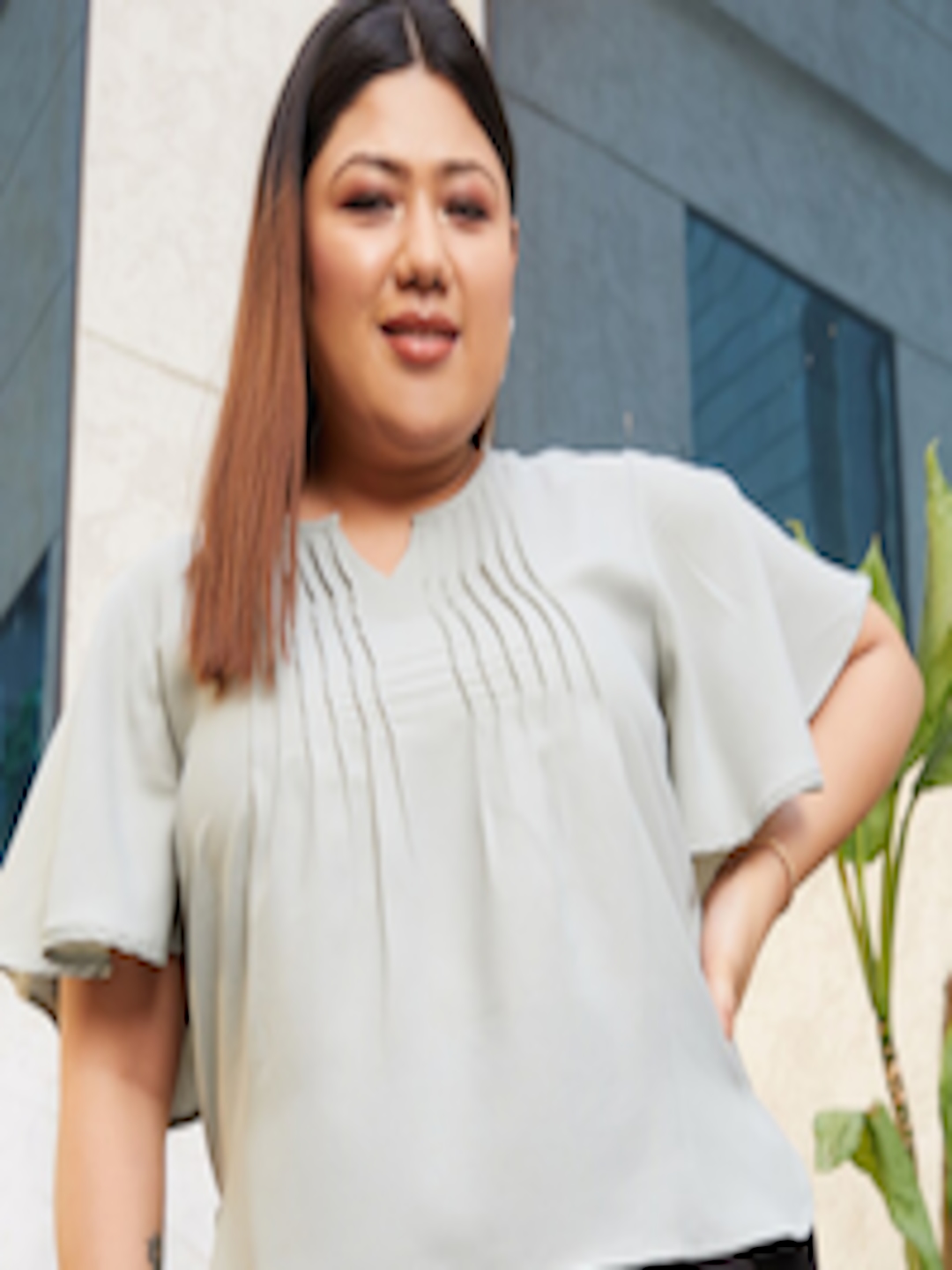 Buy CURVE BY KASSUALLY Olive Green Plus Size Flared Sleeve Pleated Top ...