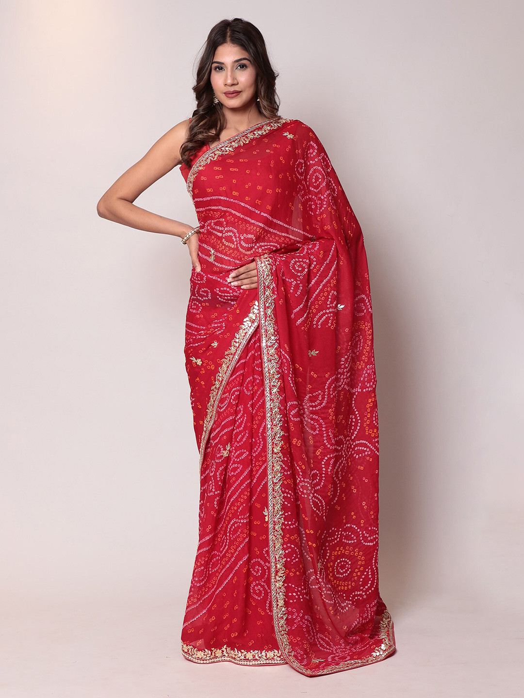 Buy ZARI Embellished Mirror Work Pure Chiffon Bandhani Saree Sarees