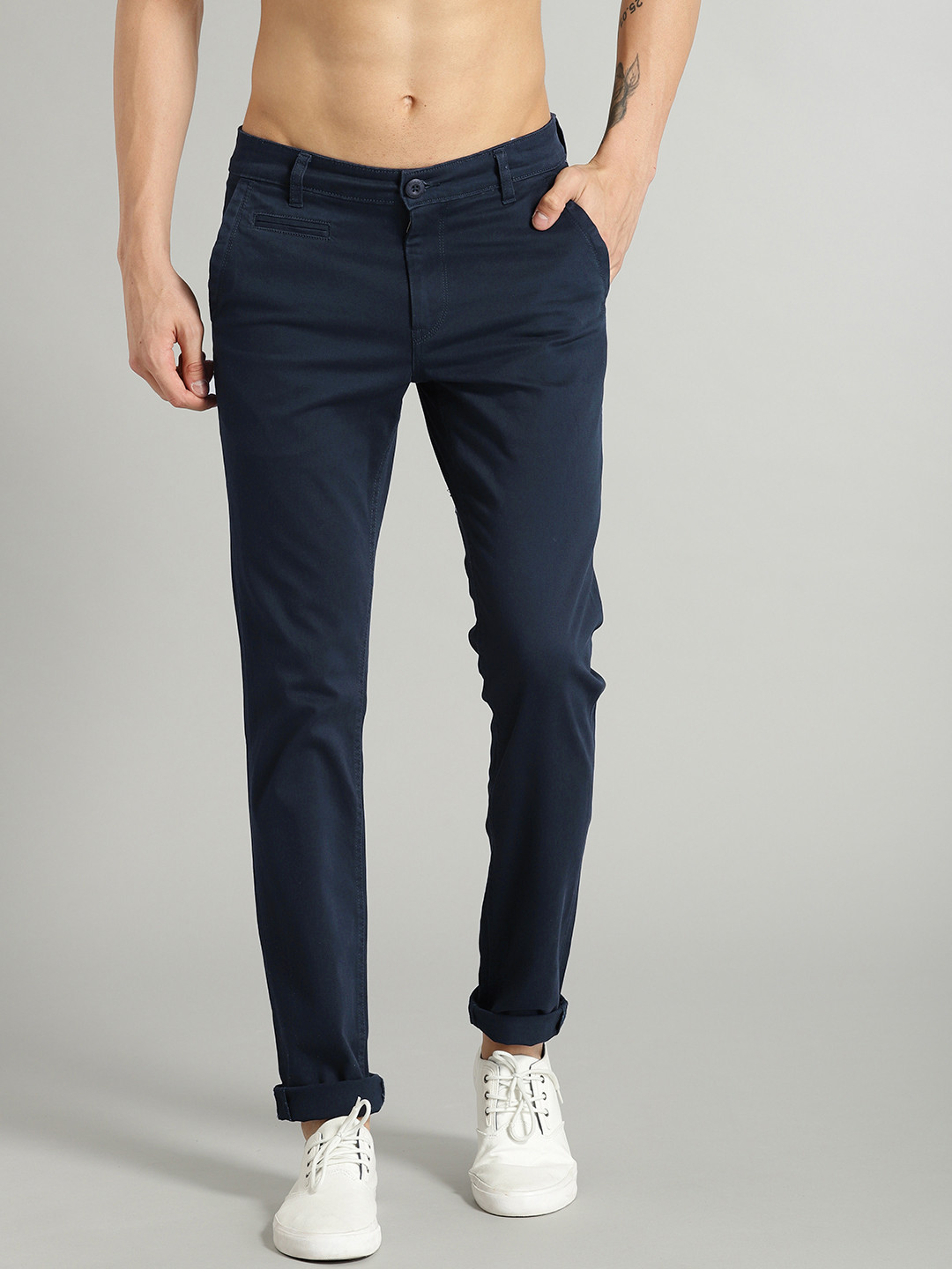 Buy Roadster Men Navy Blue Slim Fit Basic Chinos - Trousers for Men ... image.