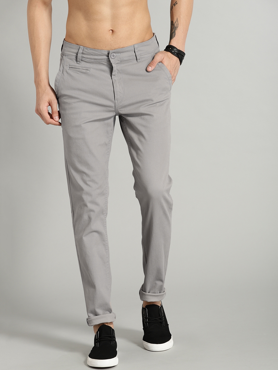 Buy Roadster Men Grey Slim Fit Solid Regular Chinos - Trousers for Men ...