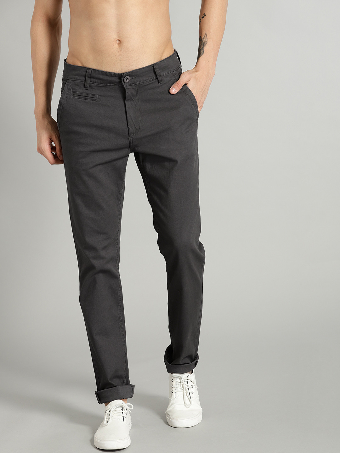 Buy Roadster Men Grey Slim Fit Solid Chinos - Trousers for Men 2290979 ...
