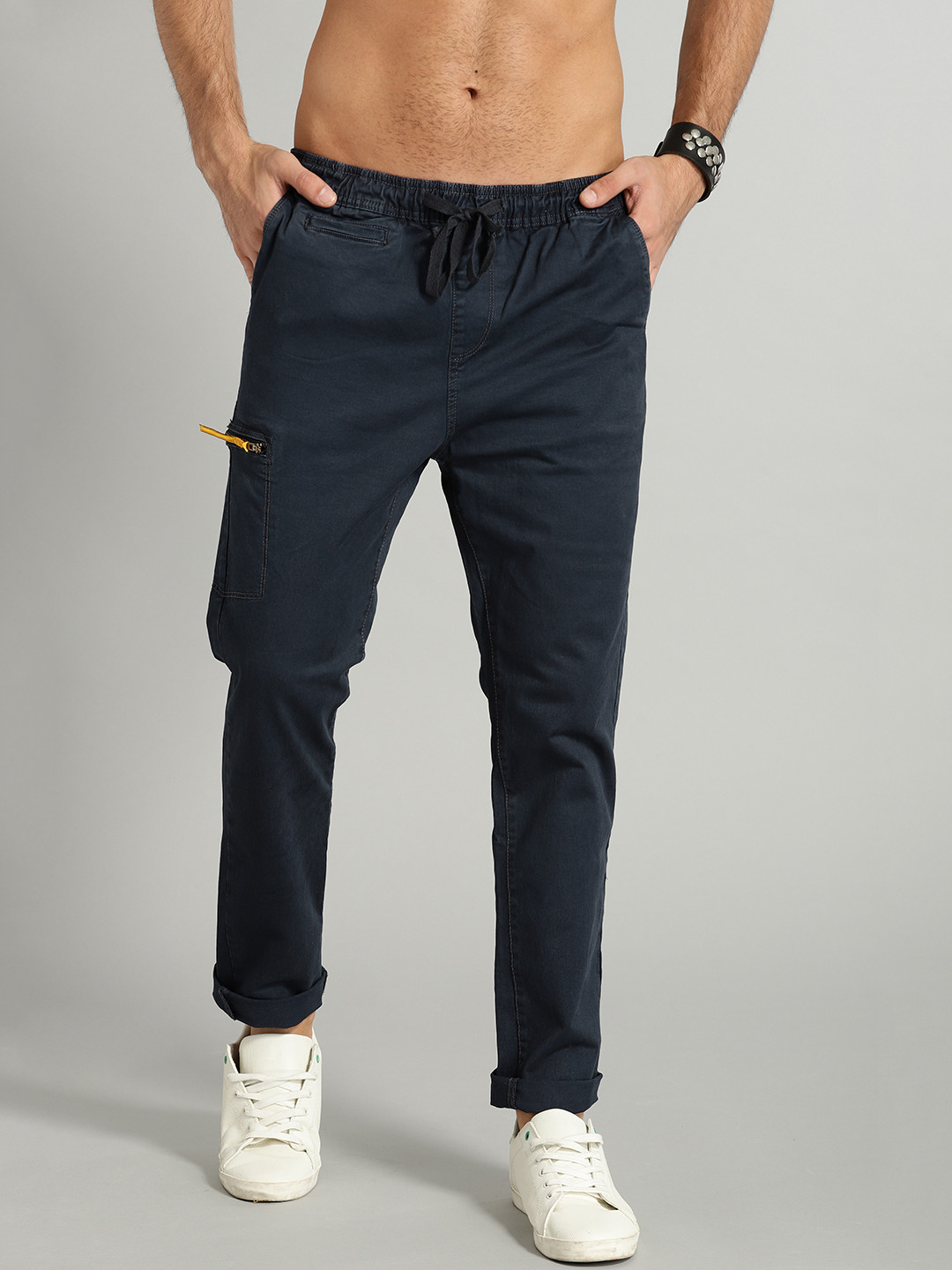 Buy Roadster Men Navy Blue Solid Slim Fit Chinos - Trousers for Men ...
