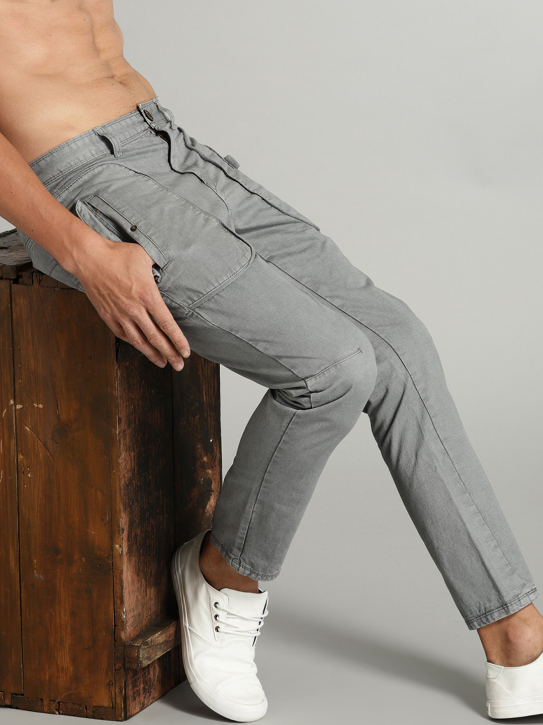 Buy Roadster Men Grey Regular Fit Solid Ankle Length Chinos - Trousers ...