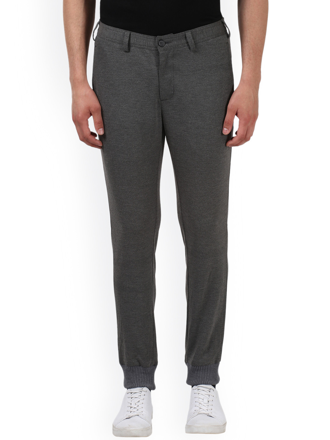 Buy ColorPlus Men Charcoal Grey Regular Fit Self Design Trousers ...