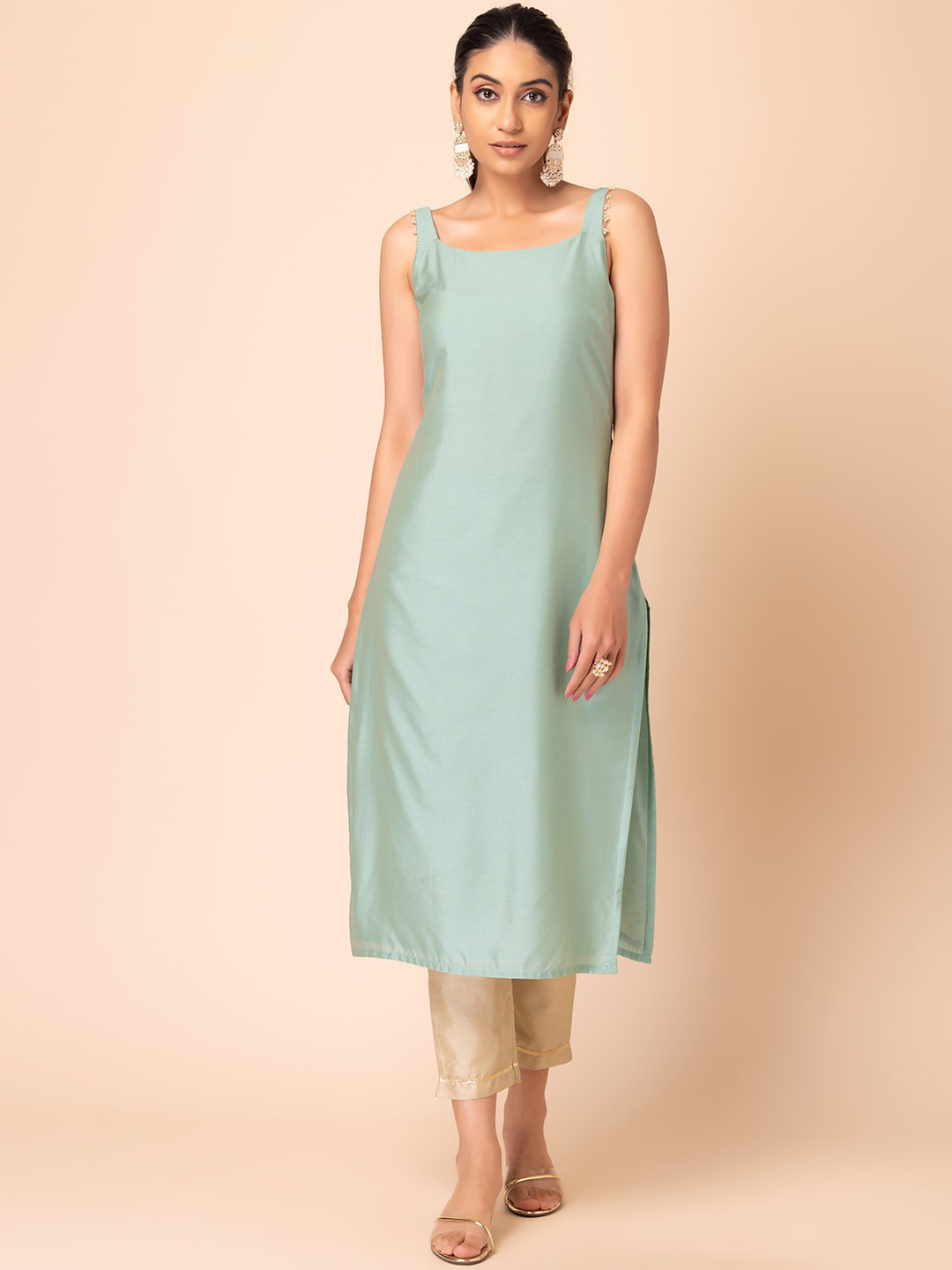 Women Green Printed Straight Shoulder Straps Kurta