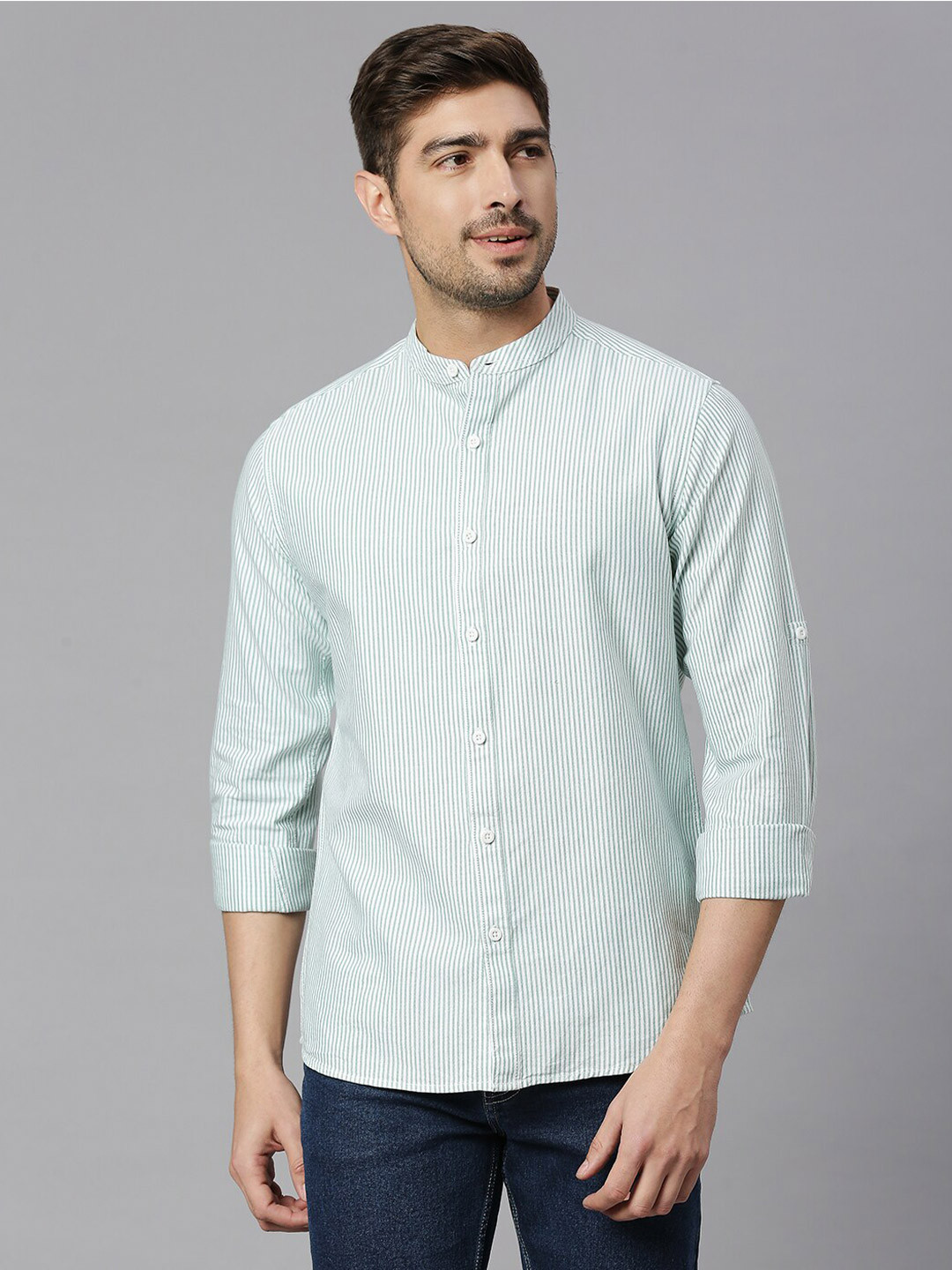Men's Green Printed Spread Collar Casual Cotton Shirt