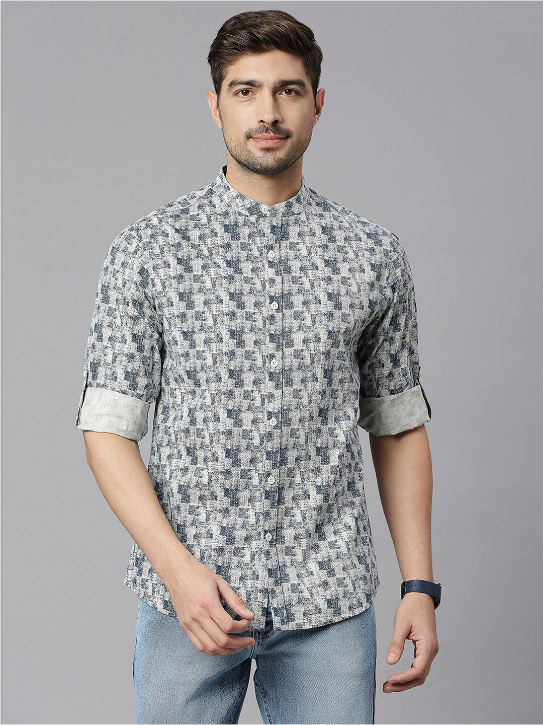 Men's White Mandarin Collar Slim Fit Shirt