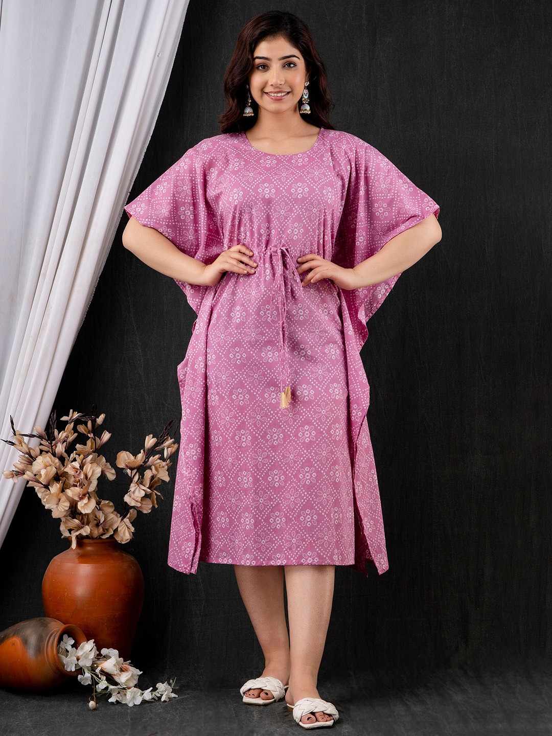 Buy Mialo Fashion Floral Bandhani Printed Gathered & Tie Up Detail Midi ...