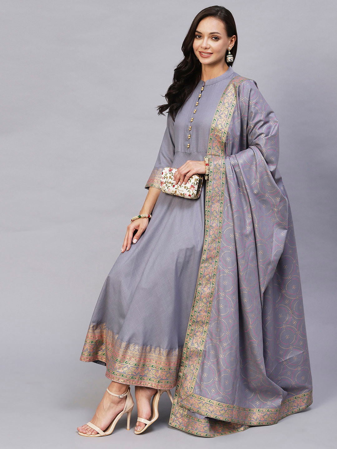 Buy KALINI Mandarin Collar Ethnic Motifs Printed Anarkali Kurta With