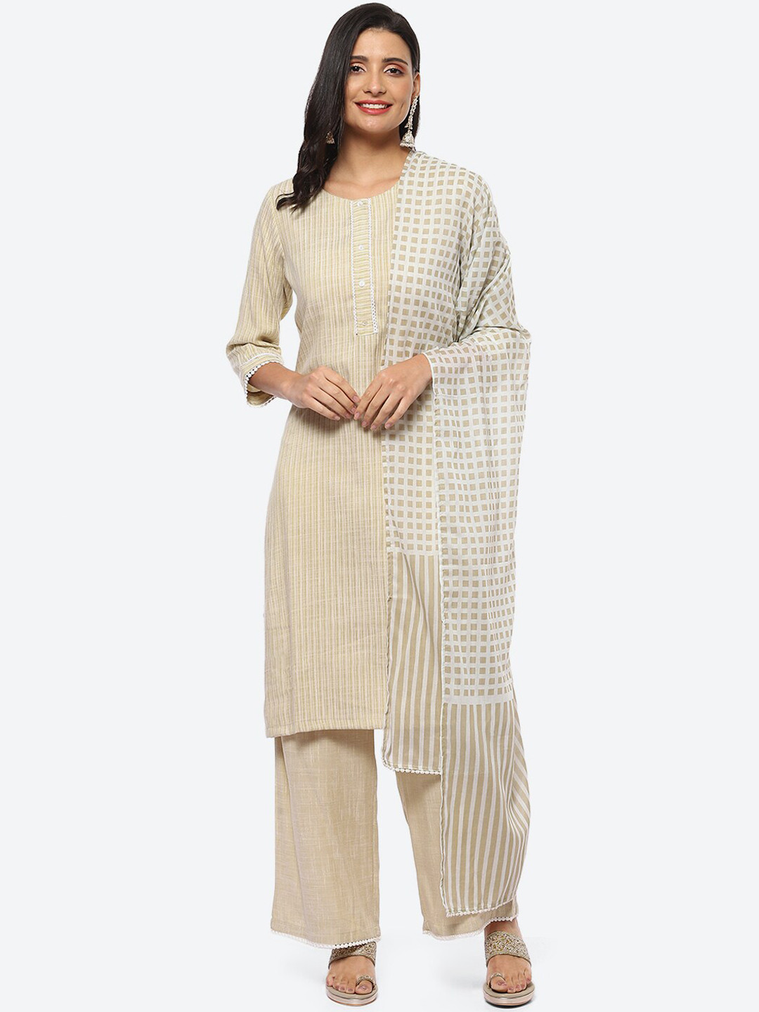 Buy Biba Striped Printed Kurta With Palazzos & Dupatta Kurta Sets for
