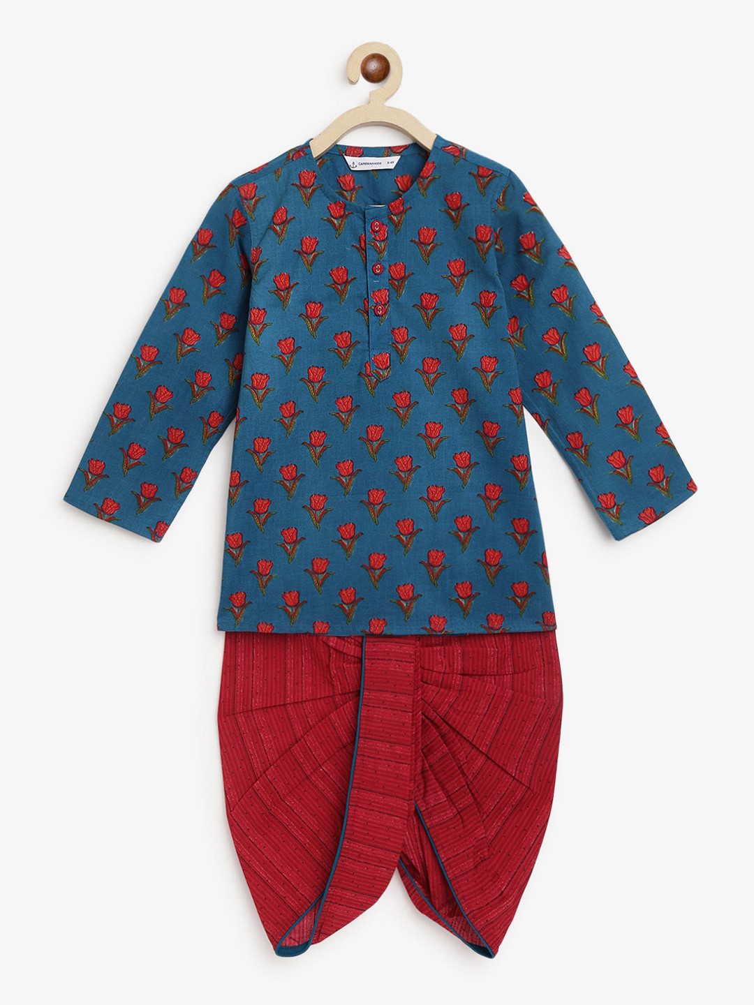 Campana Boys Bansi Dhoti Kurta Set - Geometric Ikkat Print - Sea Green & Blue