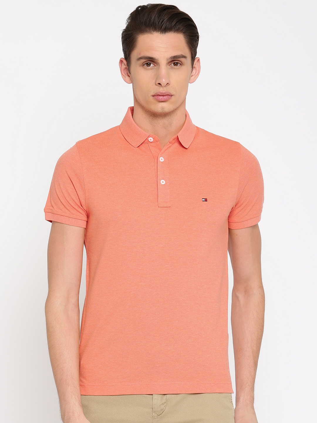Buy Tommy Hilfiger Men Coral Orange Solid Polo Collar Pure Cotton T ...