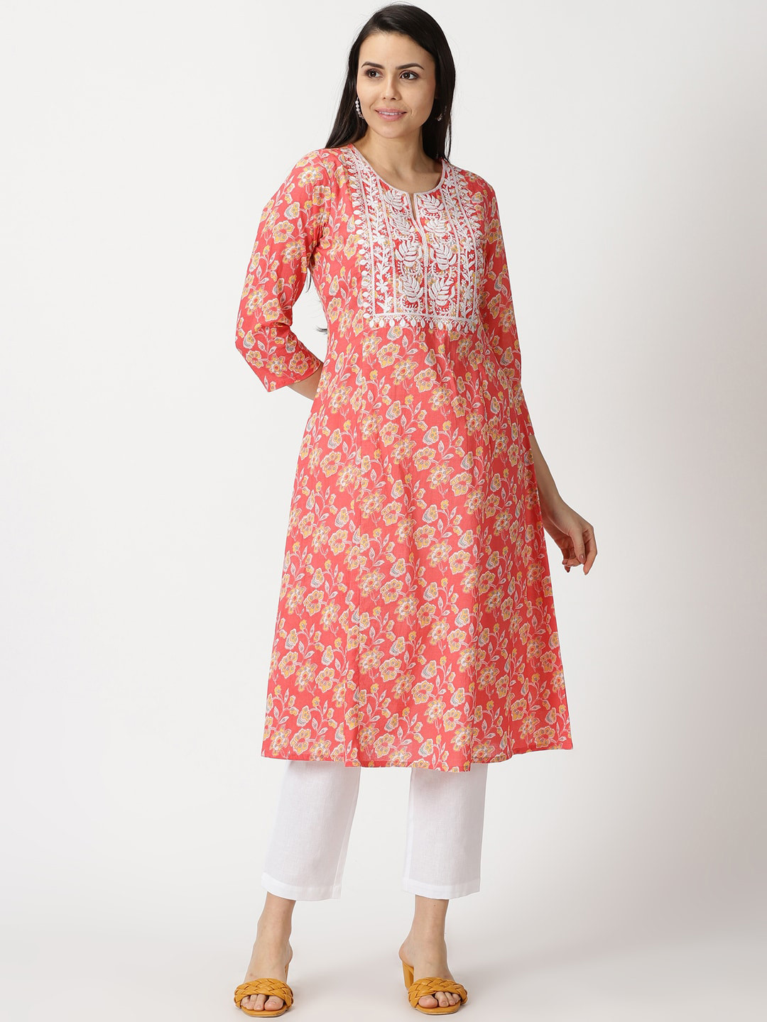 Buy Saffron Threads Floral Printed Pure Cotton Kurta With Chikankari