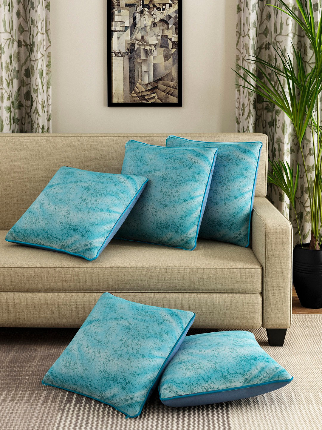 Buy ROMEE Turquoise Blue Set Of 5 Ethnic Motifs Square Cushion Covers