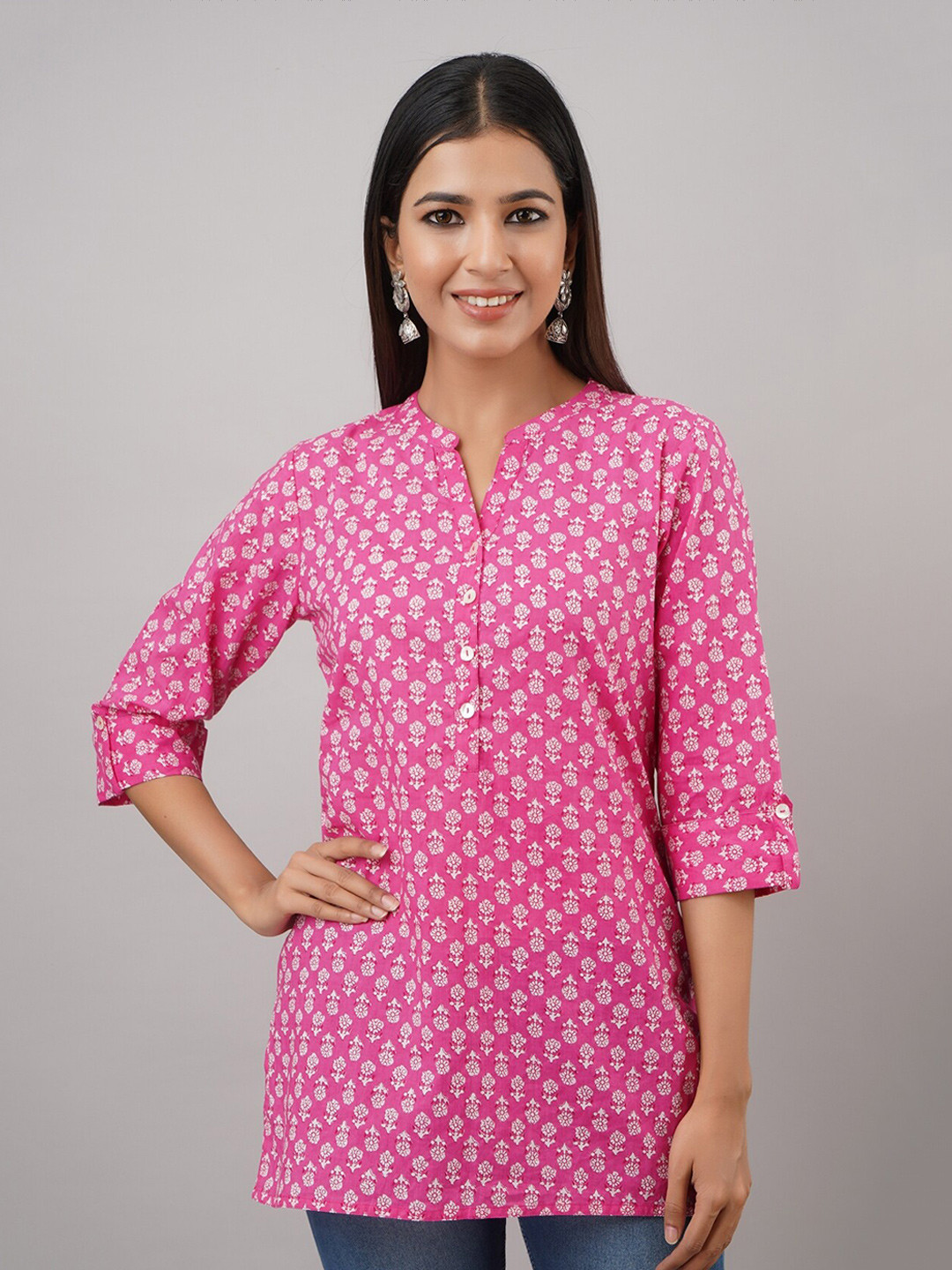 Women's Cotton Linen Pink Floral Printed Embellished Kurti