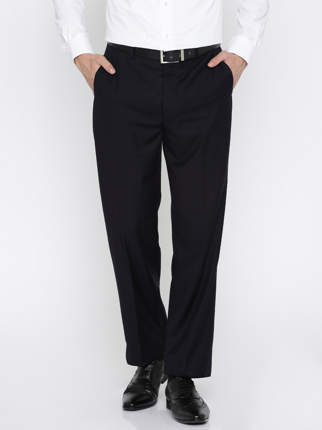 Buy Wills Lifestyle Men Navy Blue Classic Fit Solid Formal Trousers ...