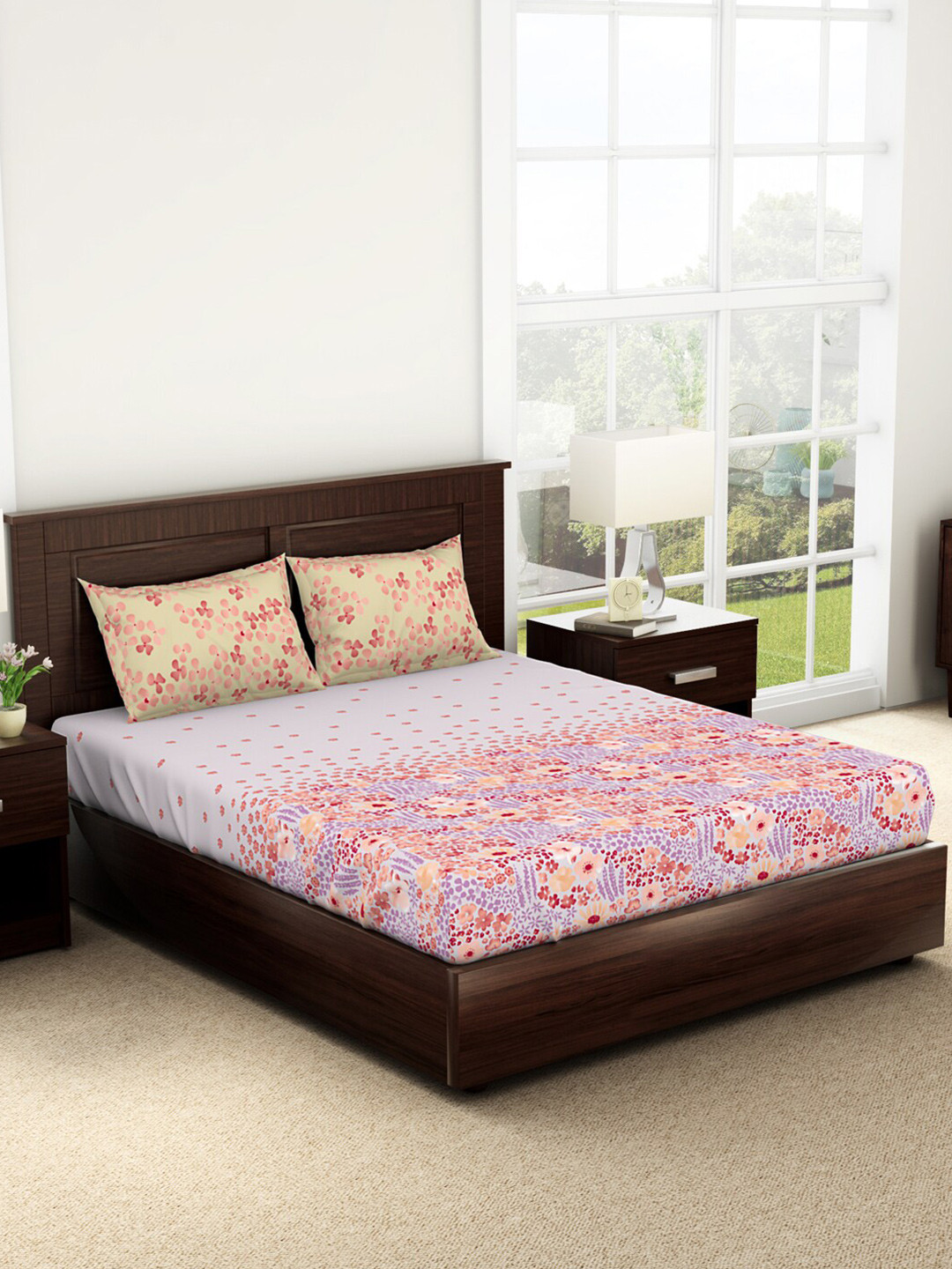 Buy SPACES Bonica Violet Printed 144 TC Pure Cotton Queen Bedsheet & 2