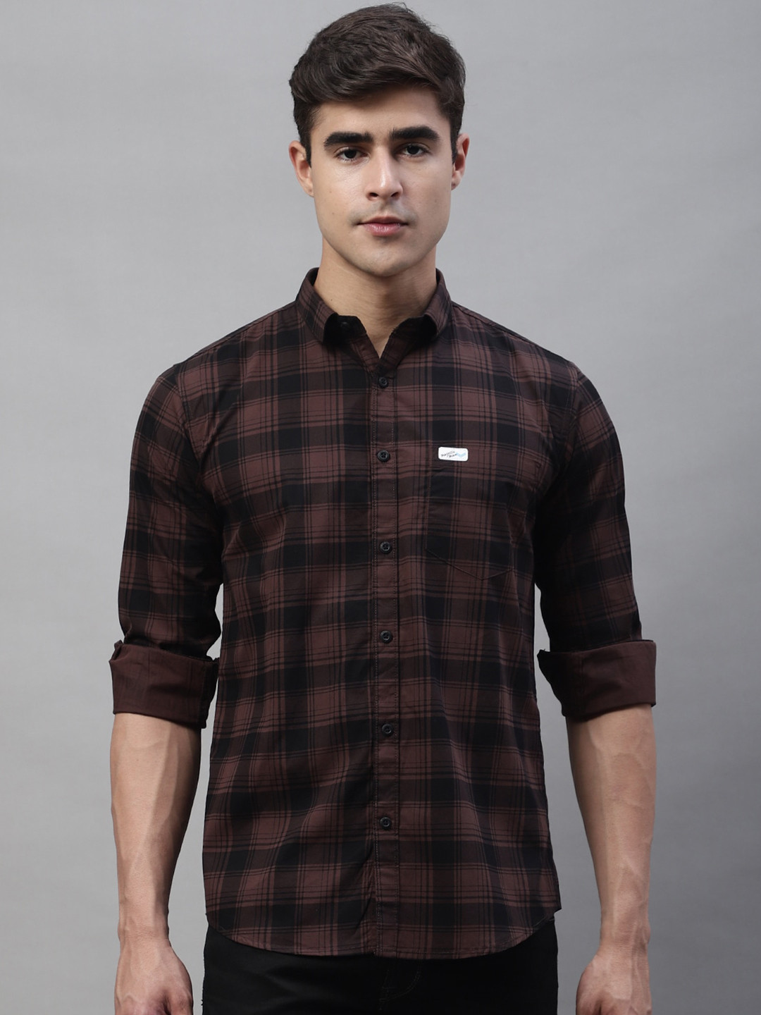 Men's Navy Blue Tartan Checked Spread Collar Cotton Classic Shirt