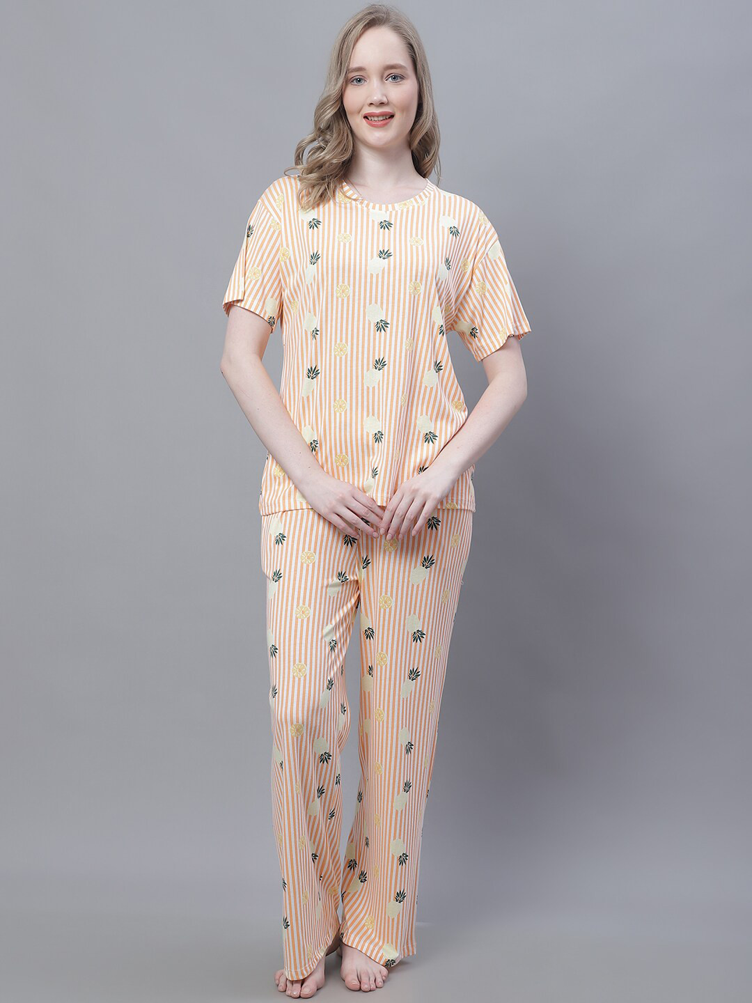 Women Mustard & Off-White Striped Night Suit Set