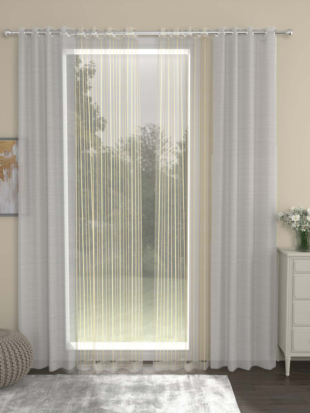 Buy ROSARA HOME Dove Striped Off White 2 Pcs Long Door Curtains & 2 Pcs