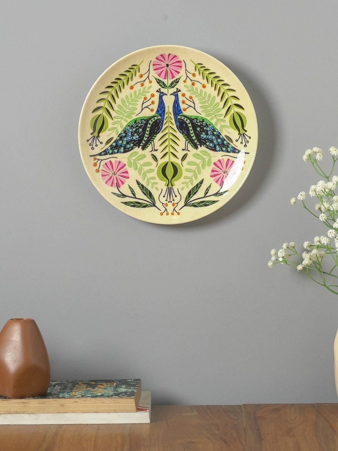 Buy The Decor Mart Green & Pink Floral Peacock Wall Plate Wall Decor