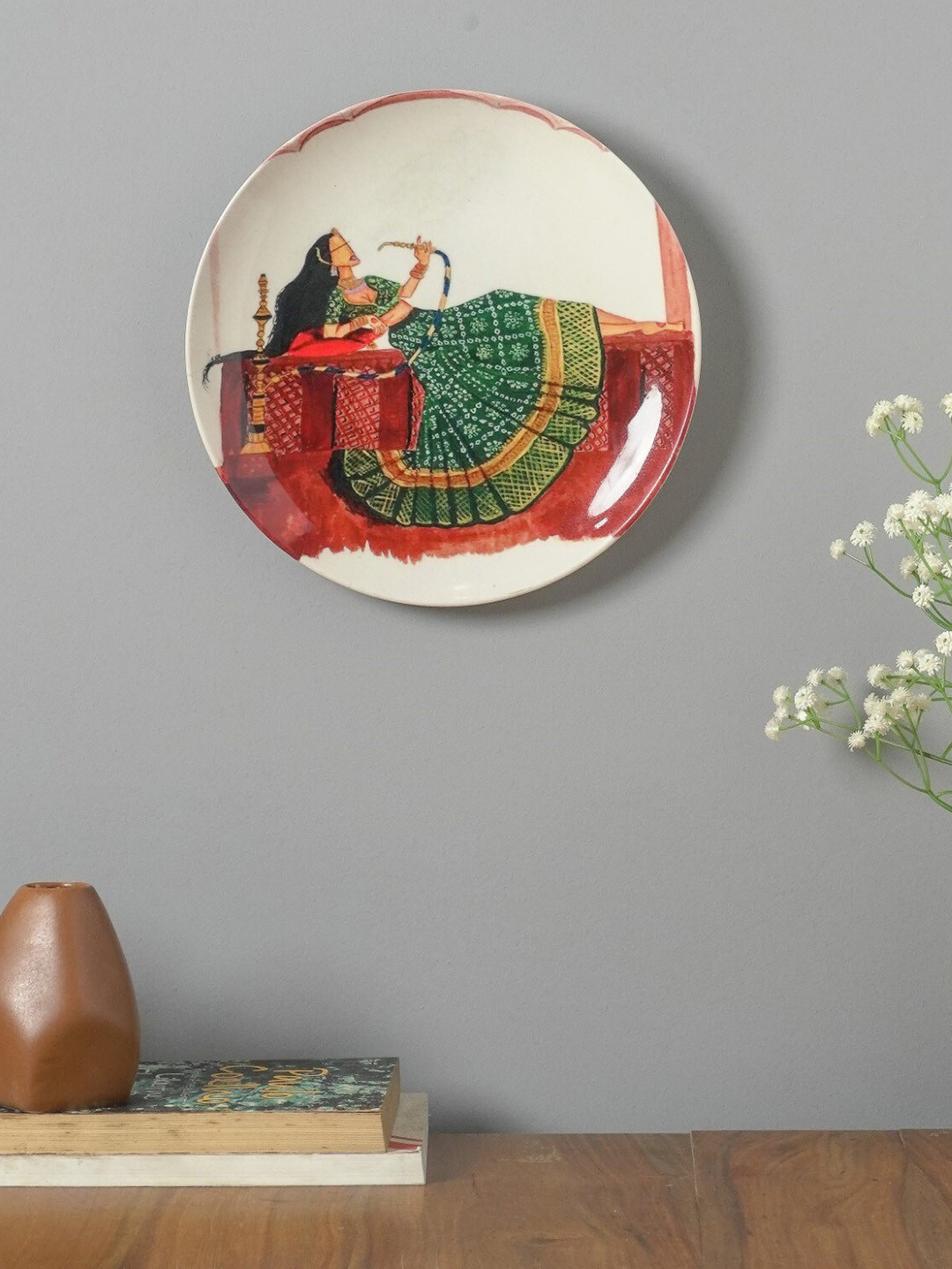 Buy The Decor Mart White & Green Printed Modern Lady Ceramic Wall Plate