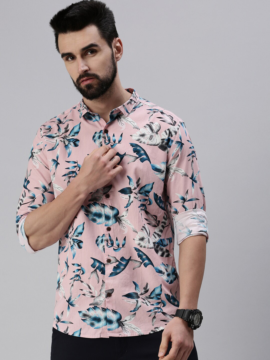 Men's Peach Classic Floral Printed Cotton Casual Shirt