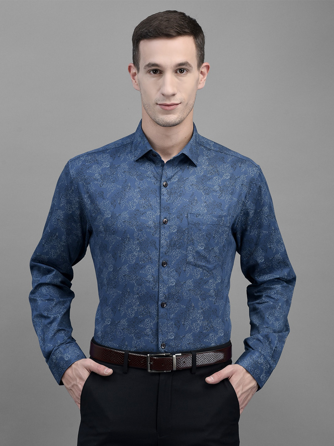 Men's Orange Smart Slim Fit Floral Printed Cotton Shirt