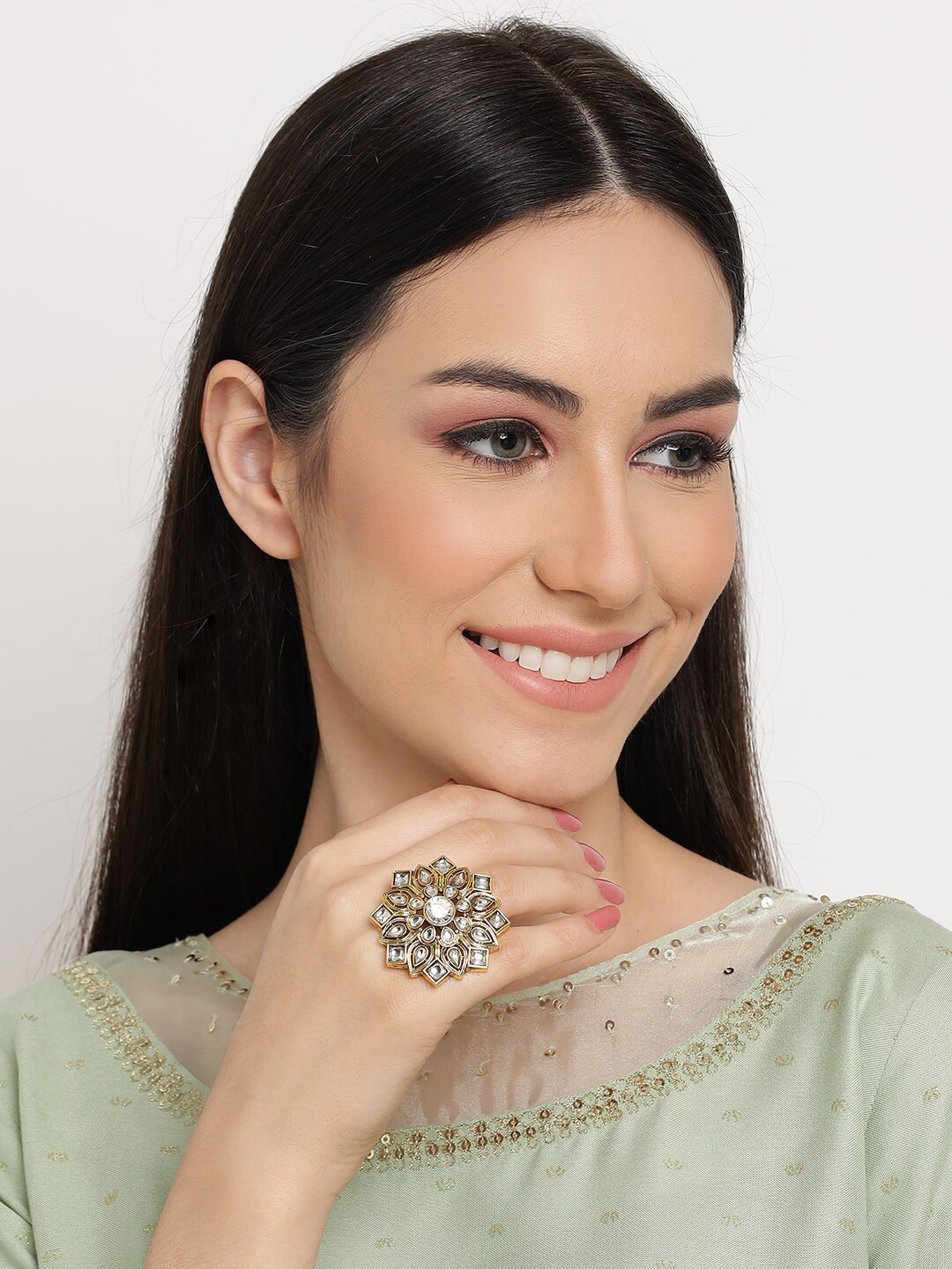 Gold-Plated Kundan-Studded & Pearls Beaded Adjustable Finger Ring main image 0