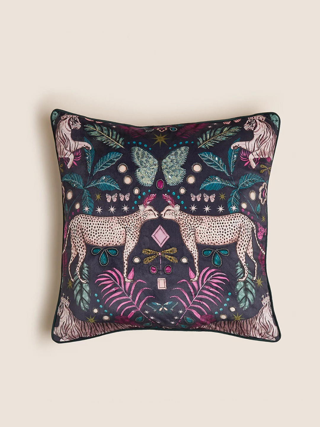 Buy Marks & Spencer Navy Blue & Pink Leopard Embroidered Pillow