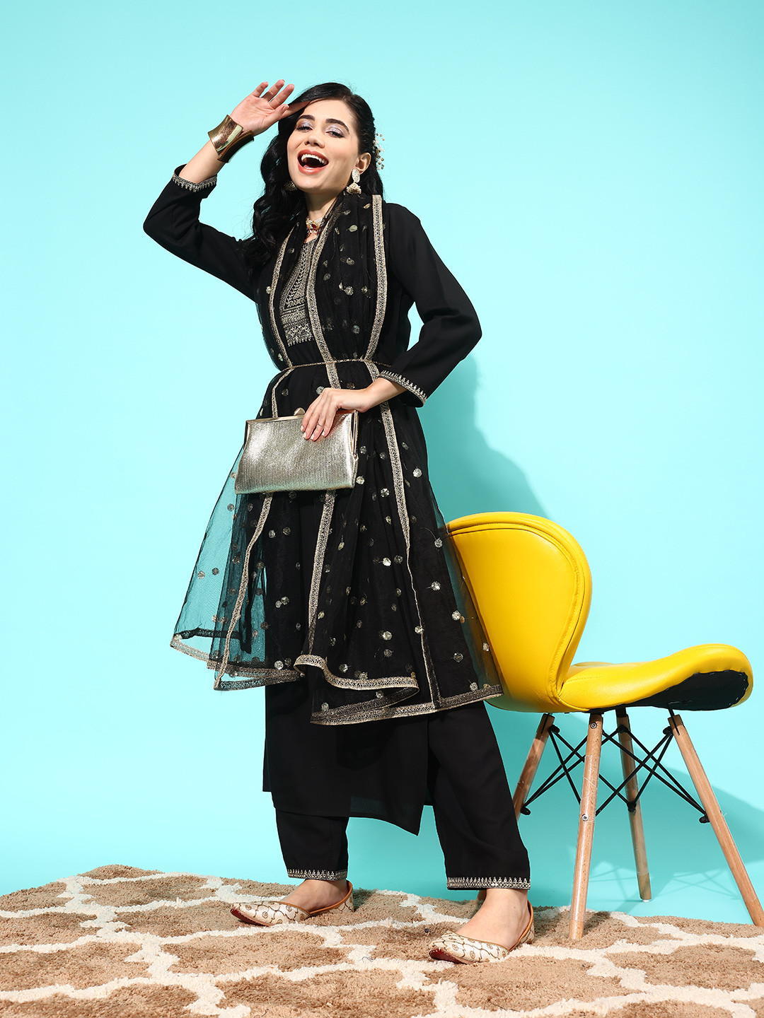 Women Black Regular Embroidered Kurta with Trousers