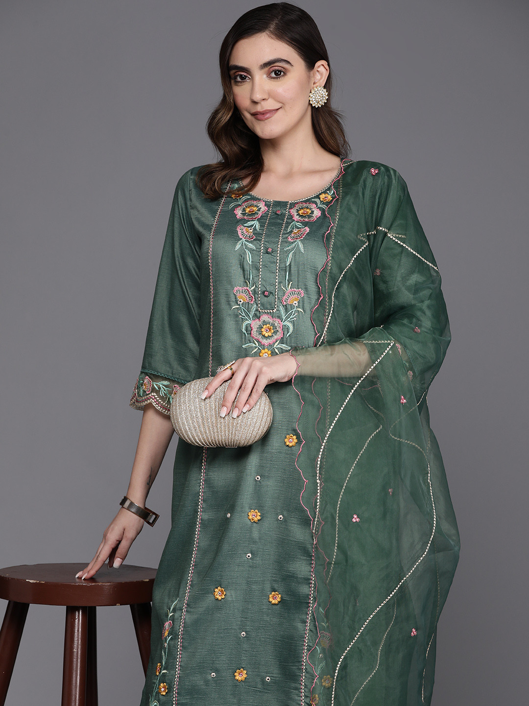 Indo Era White Floral Embroidered Regular Thread Work Kurta with Trousers & With Dupatta