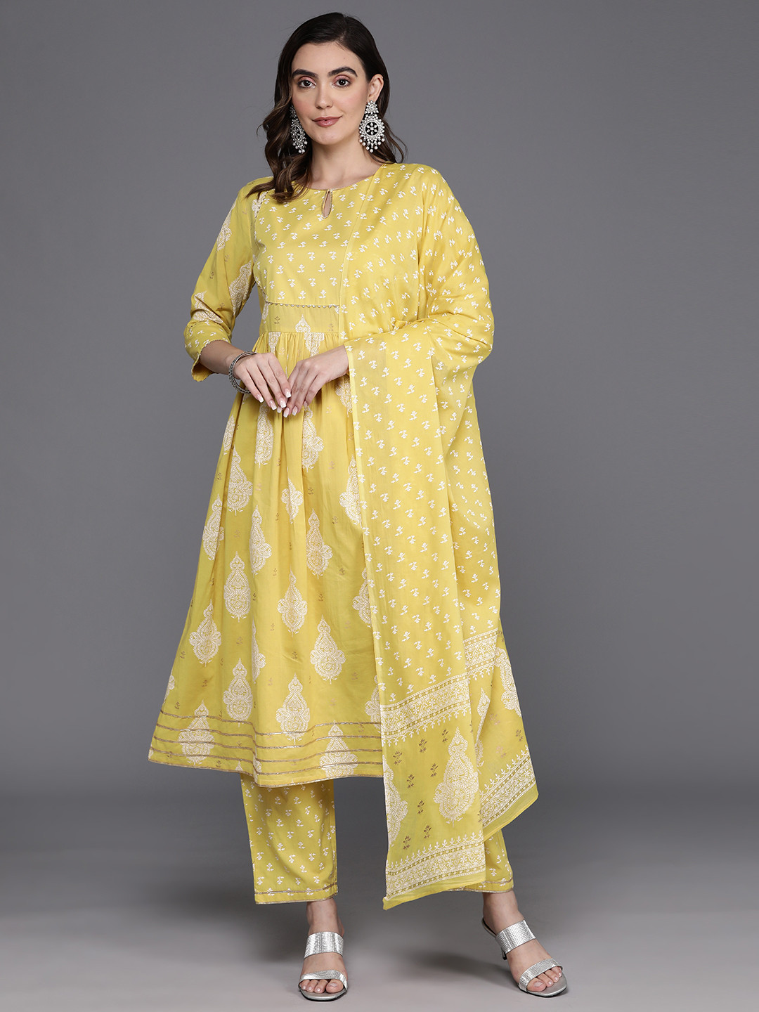 Indo Era Yellow Tie & Dye A-Line Kurta Trouser With Dupatta Set