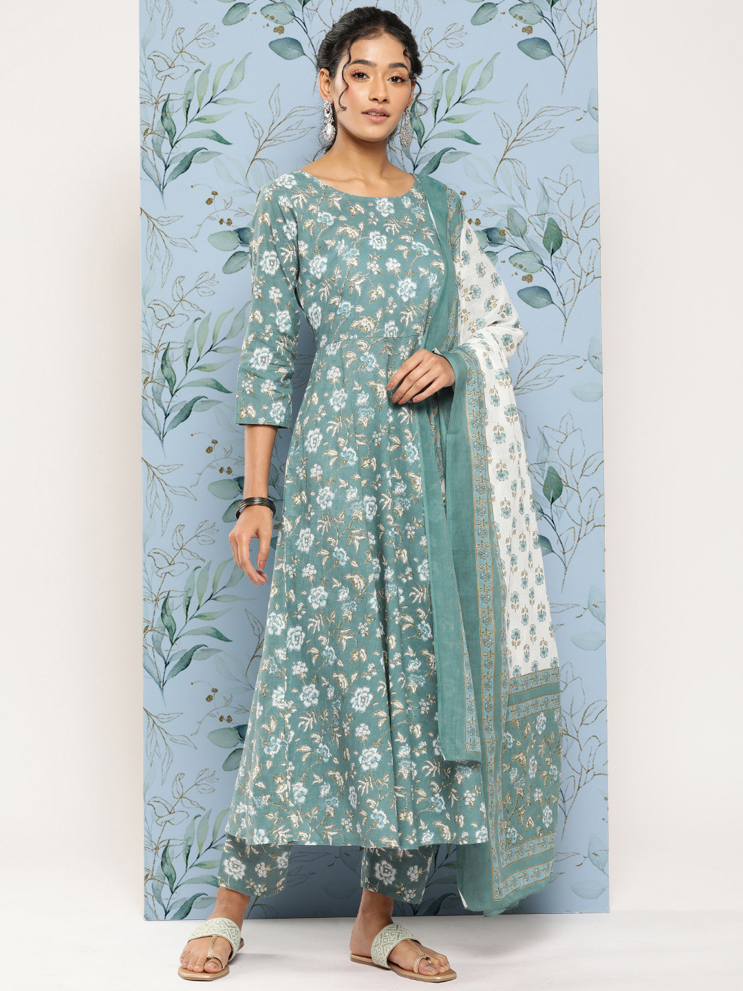 Women Navy Floral Anarkali Kurta With Pencil Pants & Dupatta