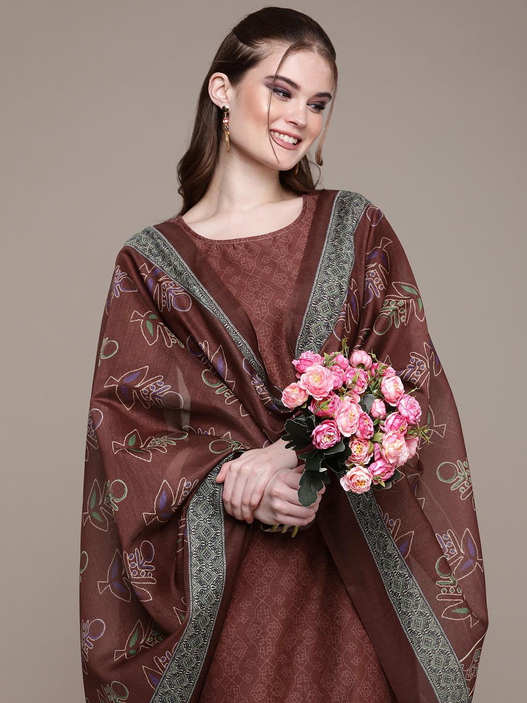 Women Cotton Kurti Set with Dupatta | Brown Printed 3/4 Sleeve Ethnic Kurta Set main image 1