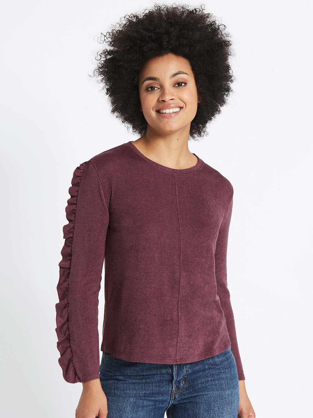 Buy Marks & Spencer Women Burgundy Solid Sweater With Ruffles