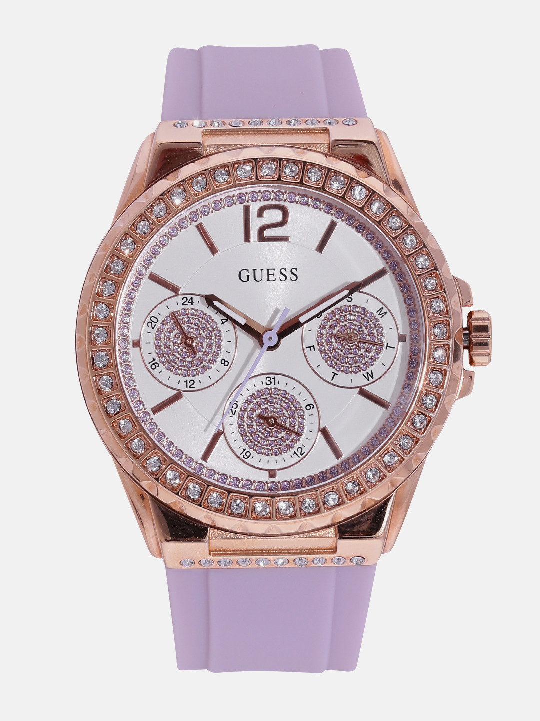 Guess Starlight Diamonds White Dial Purple Rubber Strap Watch for Women - W0846L6