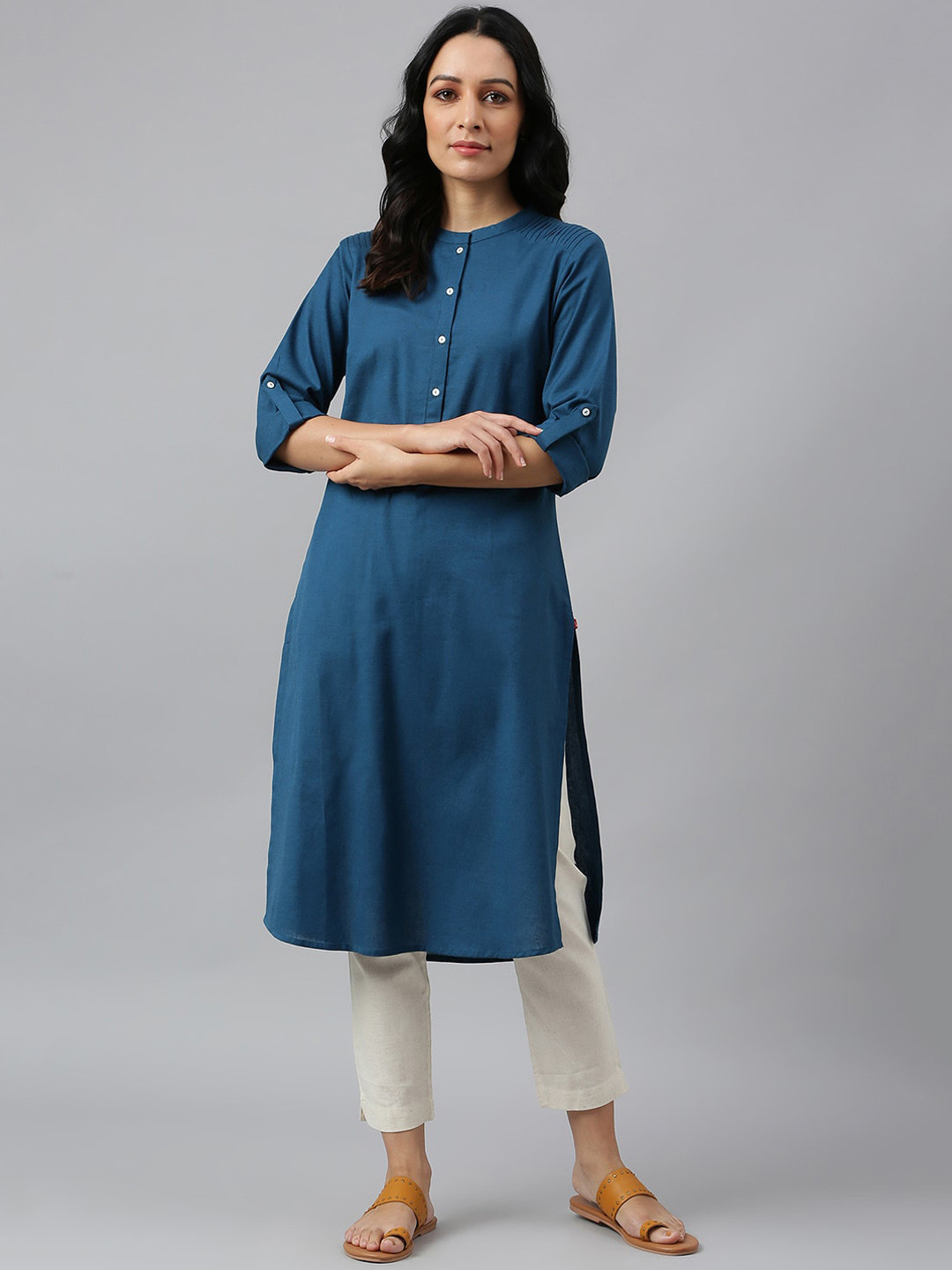 Buy W Blue Mandarin Collar Roll Up Sleeves Pathani Kurta Kurtas for