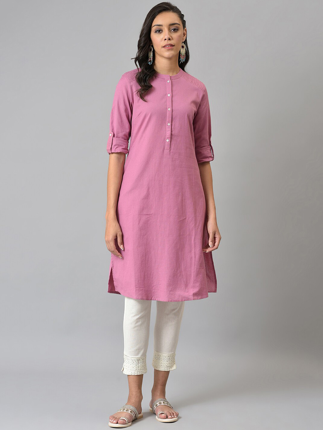 Buy W Pink Roll Up Sleeves Pathani Kurta Kurtas for Women 23002502