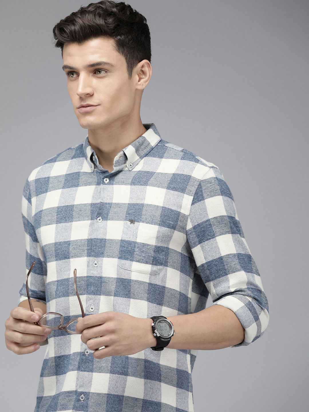 Men's Blue Comfort Buffalo Checked Casual Cotton Shirt
