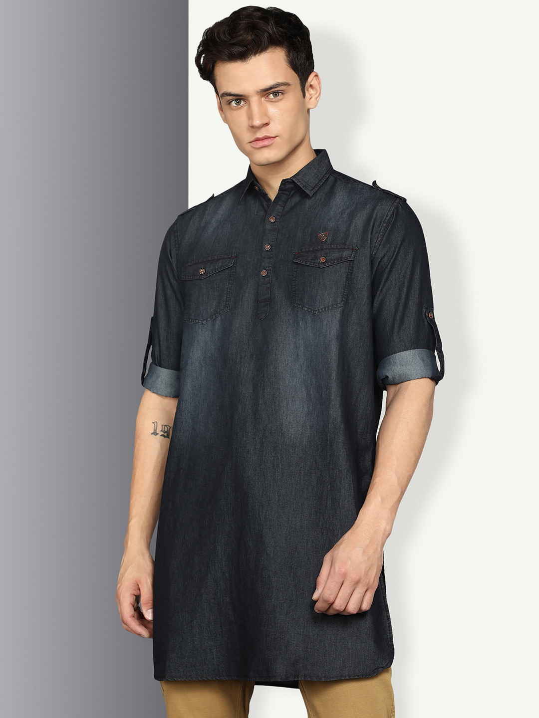 Buy Kuons Avenue Shirt Collar Denim Pathani Short Kurta Kurtas for