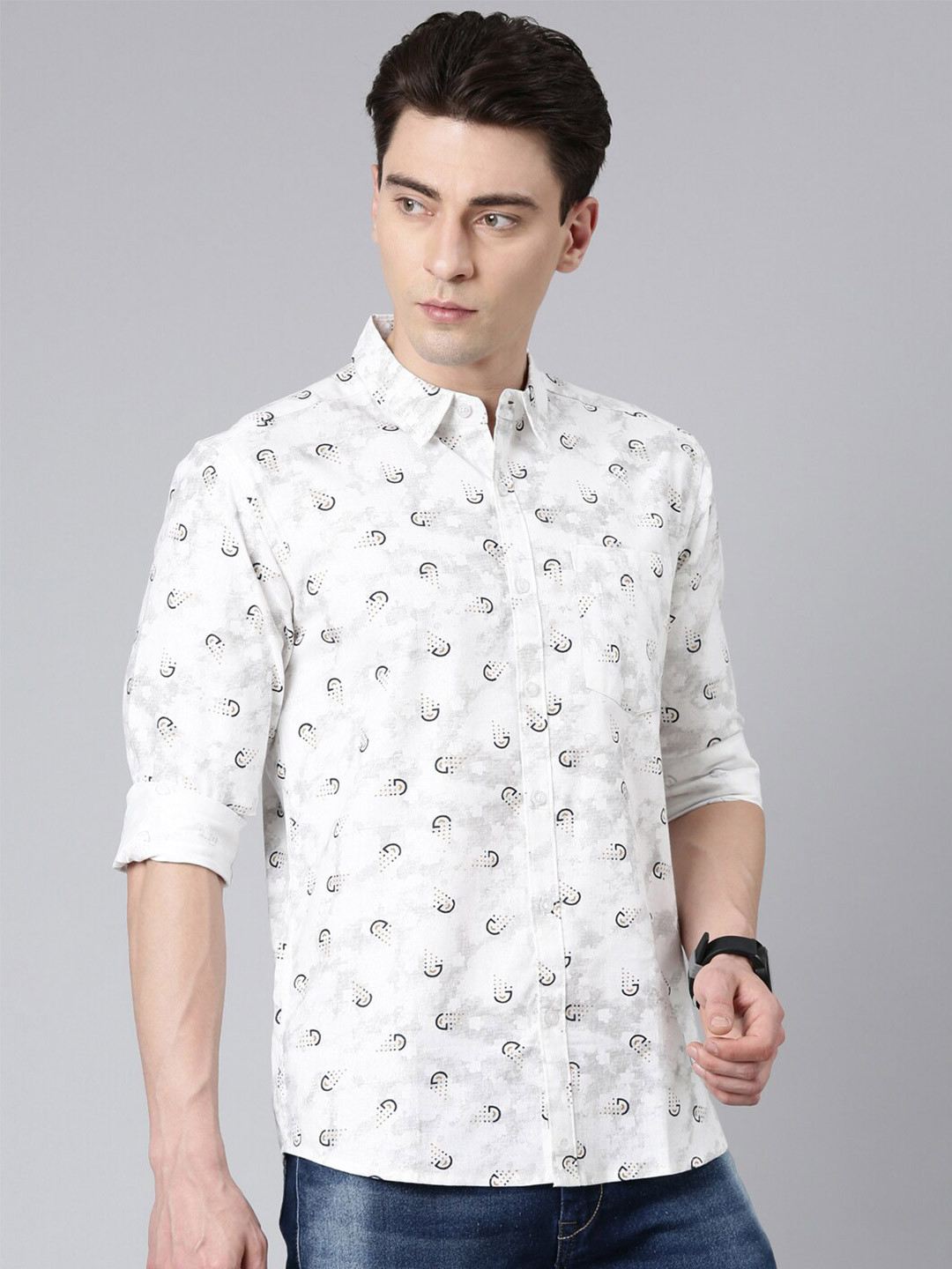 Men's Multi Geometric Printed Comfort Slim Fit Cotton Casual Shirt