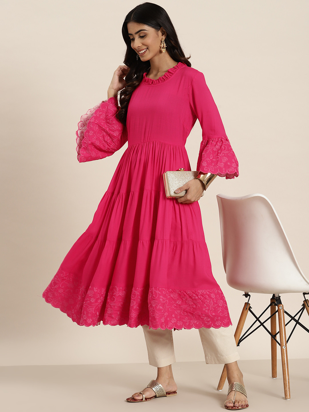 Buy HERE&NOW Bell Sleeves Thread Work Pleated Kurta Kurtas for Women