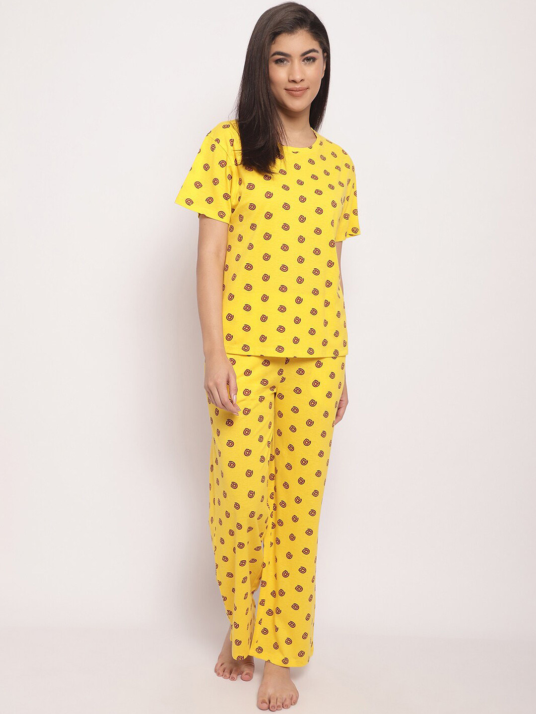 Buy Kanvin Yellow & Pink Conversational Printed Pure Cotton Night Suit