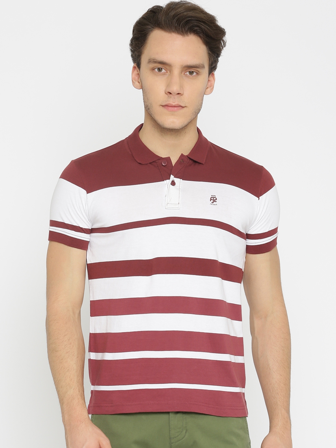 Buy Pepe Jeans Men Maroon White Striped Polo Collar Pure Cotton T Shirt ...