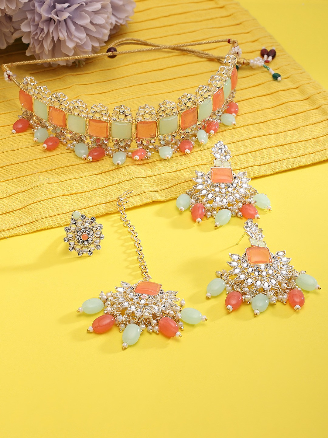 Buy Zaveri Pearls Gold Plated Kundan Studded & Beaded Jewellery Set