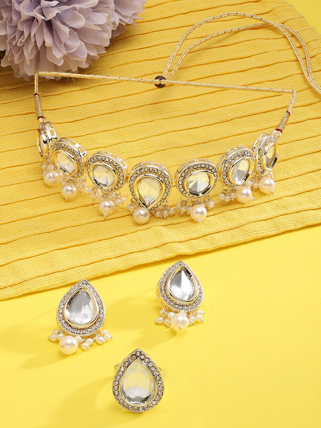 Buy Zaveri Pearls Gold Plated Kundan Studded & Beaded Jewellery Set