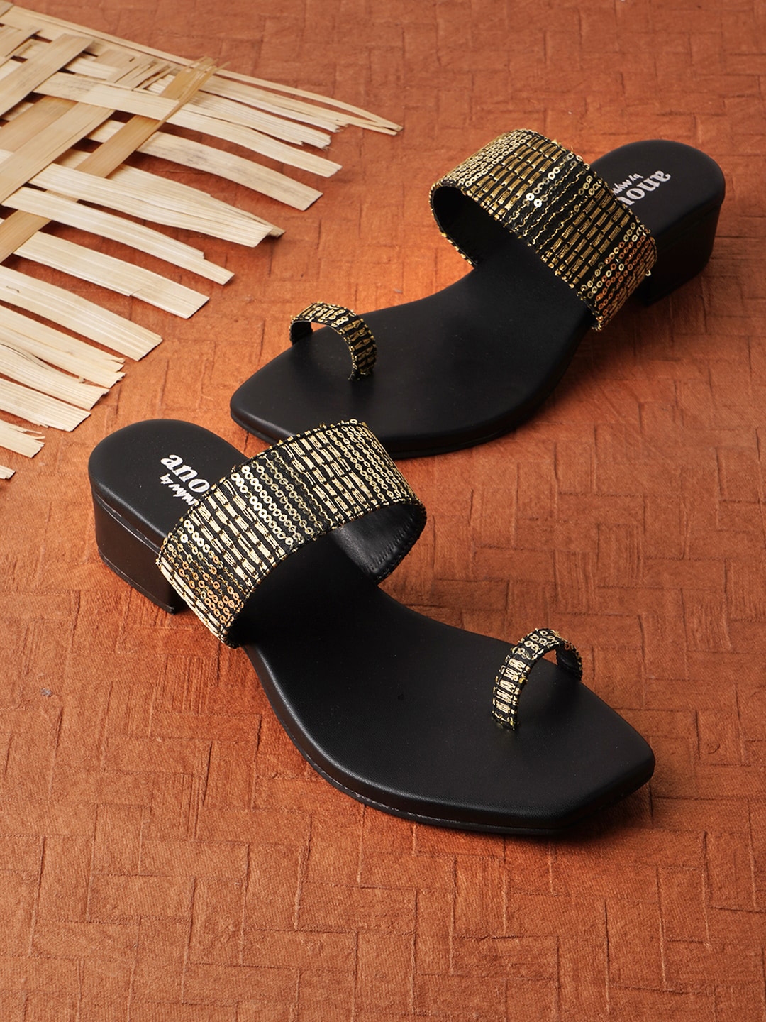 Buy Anouk Black And Gold Toned Embellished One Toe Block Heels - Heels ...