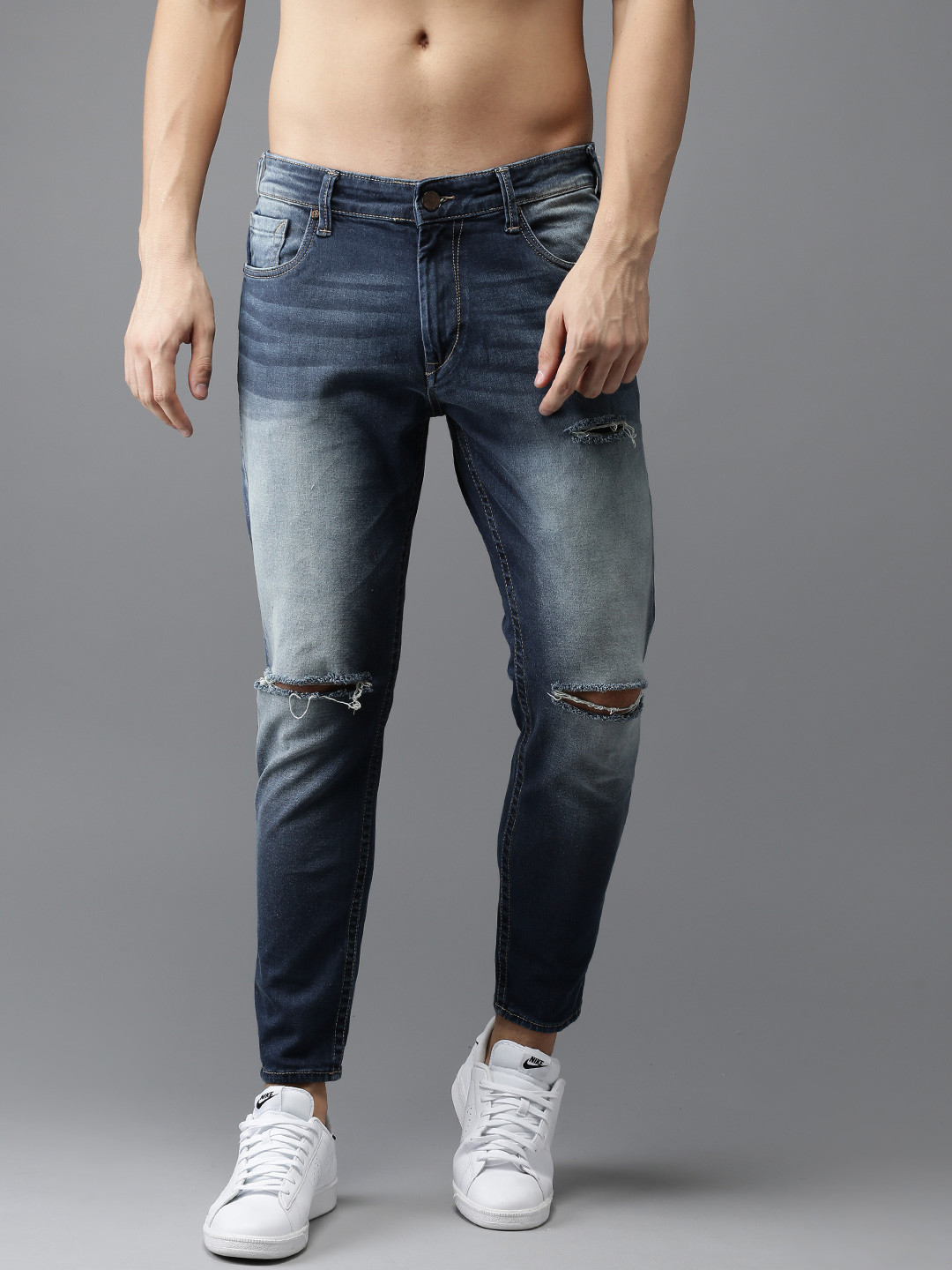 Buy HERE&NOW Men Blue Slim Tapered Fit Mid Rise Cropped Slash Knee Stretchable Jeans Jeans for