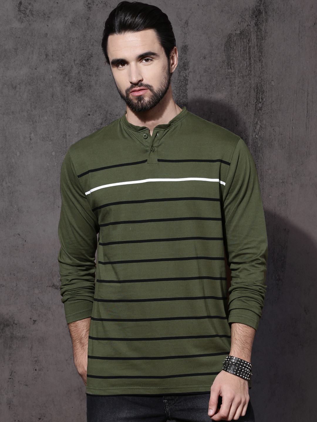 Buy Roadster Men Olive Green Striped Henley Neck Pure Cotton T Shirt